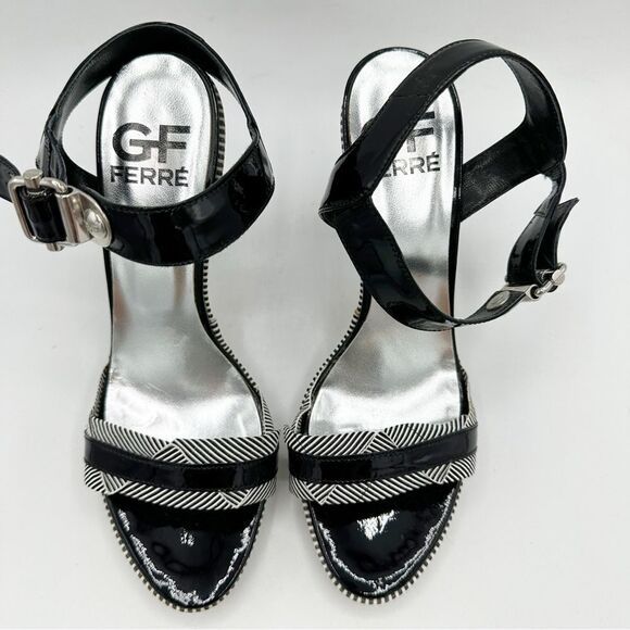 Gianfranco Ferre Black/White Striped Patent‎ Leather Heeled Sandals Sz 40 - Picture 5 of 16